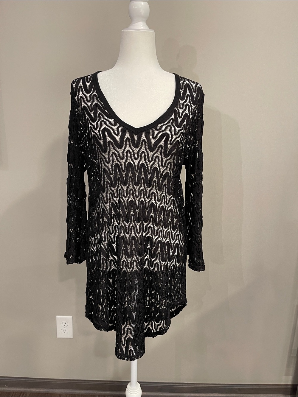 Swimsuit Cover-up - Black Sheer Knit V-Neck Long Sleeve